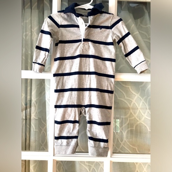 Ralph Lauren size 9 months navy & gray stripe polo long sleeves one-piece romper - Picture 1 of 6